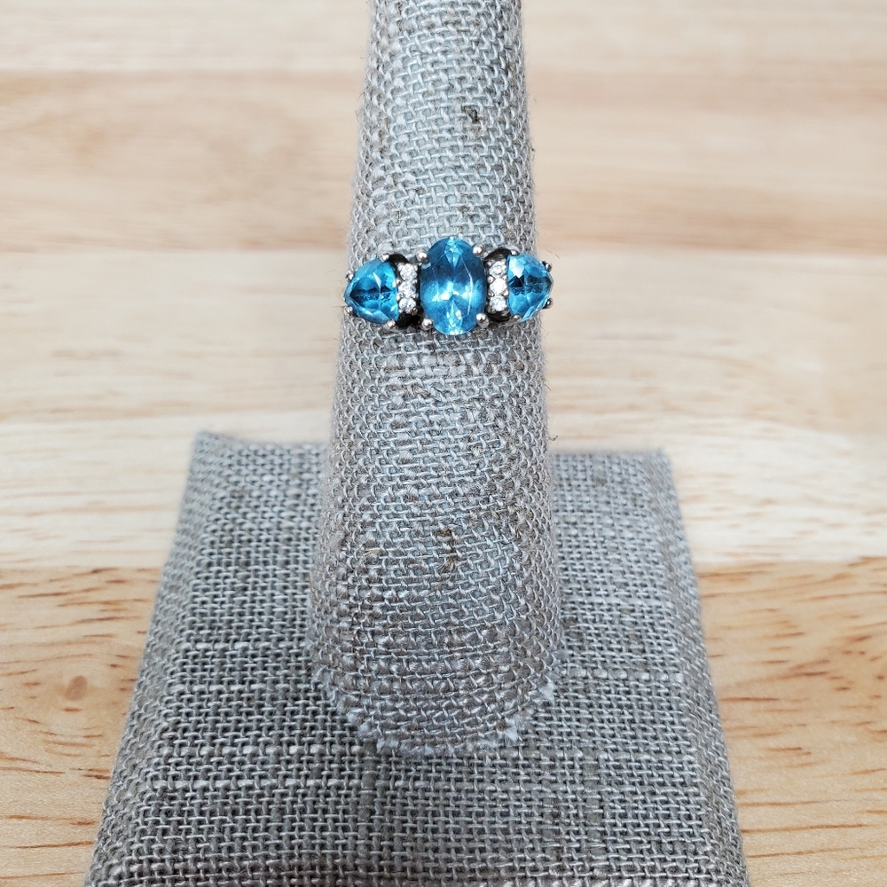 Sterling Silver Ring Blue Topaz Three Stone CZ Oval Cut Size 6 925 JED